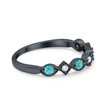 Art Deco Stacking Half Eternity Wedding Ring Black Tone, Simulated Paraiba Tourmaline CZ 925 Sterling Silver